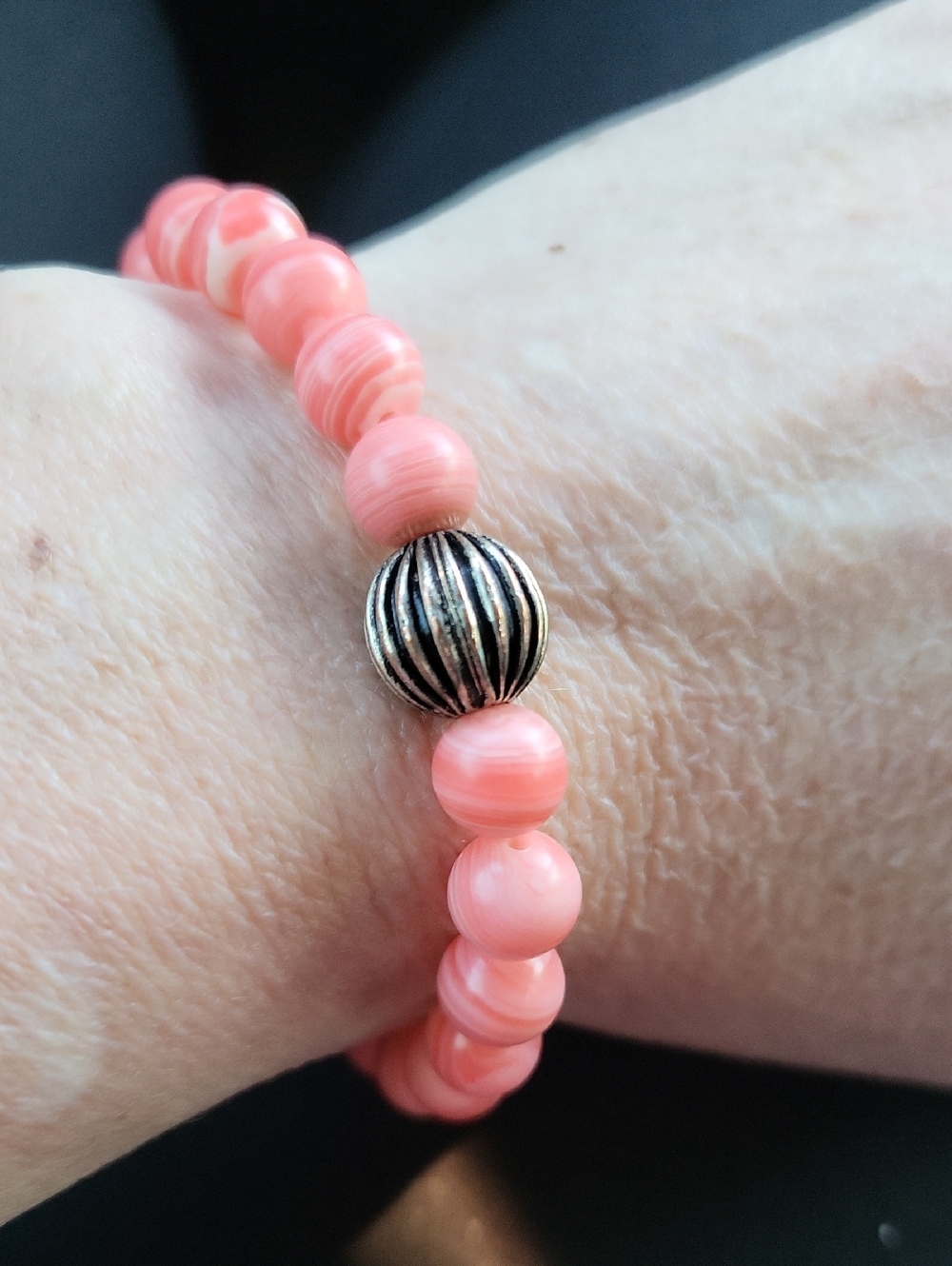 Pink Beaded Stretch Bracelet with Silver Accent